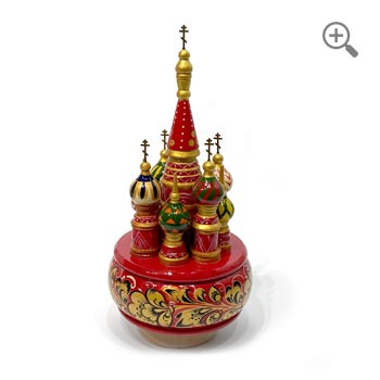 Hand-painted rotating music box – Russian basilica design with red floral pattern