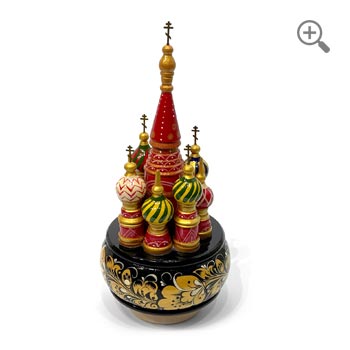 Hand-painted rotating music box – Russian basilica design with red floral pattern