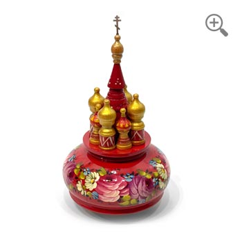 Hand-painted rotating Russian music box shaped like a cathedral with red Jostovo floral design