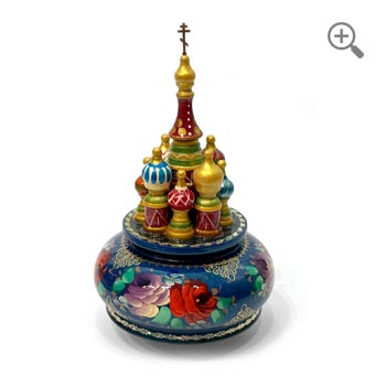 Hand-painted rotating Russian music box shaped like a cathedral with red Jostovo floral design
