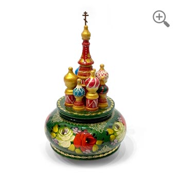 Hand-painted rotating Russian music box shaped like a cathedral with red Jostovo floral design
