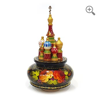 Folk art music box inspired by Russian architecture and red Jostovo flower motifs