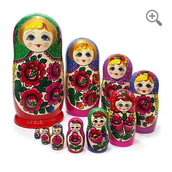 Russian Matryoshka nesting dolls set of 10, traditional Polkhov-Maidan floral folk art, 27 cm tall, featuring colorful hand-painted wooden dolls with green, blue, purple and red scarves, displayed together on a white background