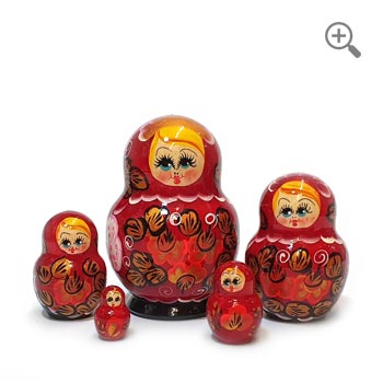 Hand-painted round Russian nesting doll set of 5 with red floral design, wooden Matryoshka dolls displayed separately to show all sizes, traditional Russian folk art.