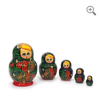 Traditional Khokhloma Russian matryoshka nesting dolls set of 5 with wild strawberries, green leaves, and gold floral accents, shown from front and back views.