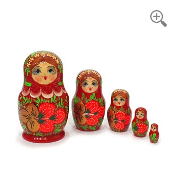 Red hand-painted Russian nesting dolls with strawberry floral design, front and back views.