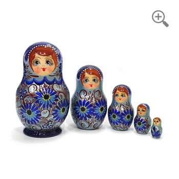 Blue Hand-painted pearlescent Matryoshka dolls with daisy floral design, wooden nesting doll set of 5