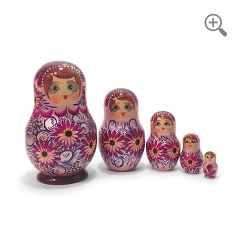 Hand-painted pearlescent raspberry pink Matryoshka dolls with daisy floral design, wooden nesting doll set of 5