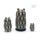 Back view of three hand-painted gray owl nesting dolls, showing repeating cream and dark blue feather-inspired patterns on the wooden Russian matryoshka set, arranged by size on a white background