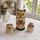 Three hand-painted wooden owl nesting dolls displayed on a lace-covered table by a window with flowers