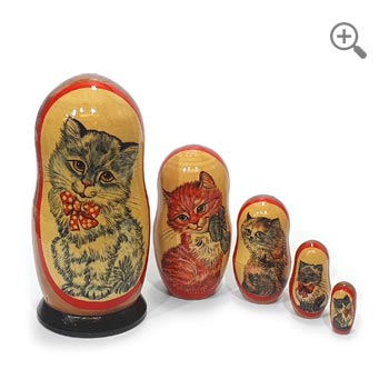 Grey kitten Russian nesting dolls set of 5, hand painted wooden cat matryoshka, 19 cm traditional Russian doll with grey, ginger and fluffy kittens, collectible folk art gift for cat lovers