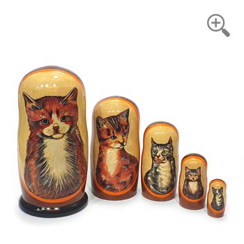 Five Russian nesting dolls featuring hand-painted cats in ginger, brown tabby and gray tones, arranged from largest to smallest, with orange borders, glossy finish and a black base. The largest doll measures 18 cm