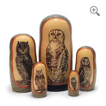 Five owl Russian nesting dolls, 18 cm tall, featuring hand-painted owls in different sizes, traditional folk art design, and glossy lacquer finish, collectible Matryoshka set