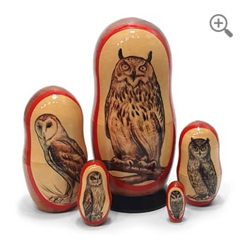 Great Horned Owl and Barn Owl on a Russian Matryoshka set of 5, 19 cm.