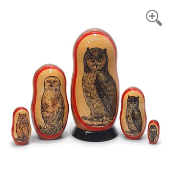 Hand-painted owl nesting dolls, a set of five Russian Matryoshka dolls featuring different owl species, including a Great Horned Owl, with the largest doll measuring 19 cm