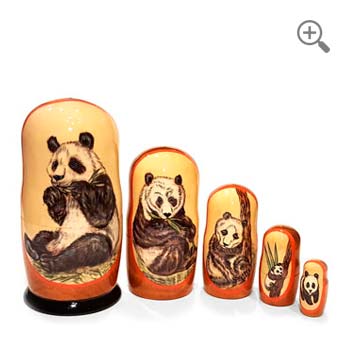 Panda matryoshka nesting dolls, a set of five Russian wooden dolls displayed separately in graduated sizes, featuring detailed hand-painted panda scenes.