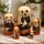 Panda matryoshka nesting dolls displayed in a cozy home setting, with five Russian wooden dolls arranged on a linen-covered table and surrounded by softly blurred greenery and floral decor.