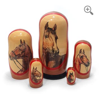 Large 19 cm horse matryoshka set of five hand-painted wooden Russian nesting dolls, featuring detailed horse portraits in graduated sizes