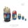 Side view of five colorful cat nesting dolls showing the hand-painted details and blue patterned costumes