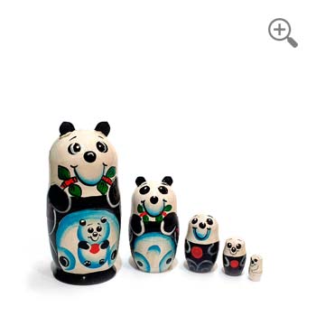 Five-piece panda matryoshka nesting doll set arranged in graduated sizes on a clean white background, showcasing a traditional Russian wooden doll design with a panda theme