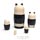 Back view of a five-piece panda matryoshka nesting doll set, with all five Russian wooden dolls separated and arranged on a clean white background. The rear surfaces and distinctive panda-ear shapes are clearly visible