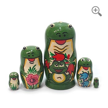 Five-piece hand-painted green frog nesting doll set, 11 cm tall