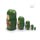 Back view of five green frog nesting dolls, showing the floral details, glossy wooden finish and different sizes in the set
