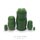 Back view of the five-piece green frog nesting doll set, highlighting the smooth wooden shapes, glossy finish and decorative flower details