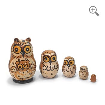 Miniature Russian Matryoshka nesting dolls featuring a family of five hand-painted owls, with intricate brown and cream plumage, shown nested and separated, 5.5 cm tall.