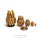 Five miniature owl nesting dolls arranged by size with their backs showing, decorated with brown, cream and black painted patterns, with a 2 euro coin for scale.