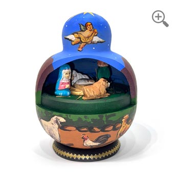 Crèche de Noël musicale artisanale en bois sculpté avec scène tournante