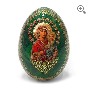 Green wooden Orthodox Easter egg featuring the Smolensk Mother of God icon reproduction with embossed metallic gold details and a glossy lacquer finish